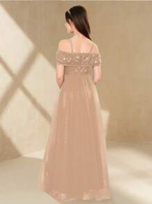 SHEIN Teen Girl Bridesmaid Bowknot Off Shoulder Ruched A-Line Long Sequin Prom Dress, Suitable For Teenagers, Elegant High Quality, For Wedding, Formal Party, Birthday, Performance - Champagne - View 2