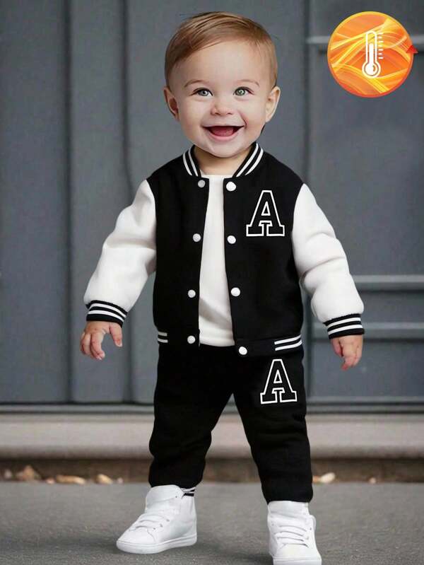 SHEIN 2pcs Baby Boys' Casual Baseball Jacket With Button Closure, Letter Print And Letter Print Pants Set.