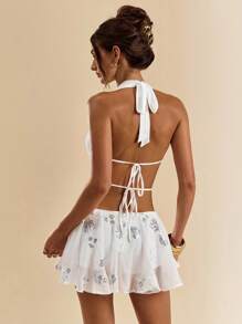 SHEIN BAE 性感亮片花朵刺绣露背迷你连衣裙，夏季 - 白色 - 查看 2