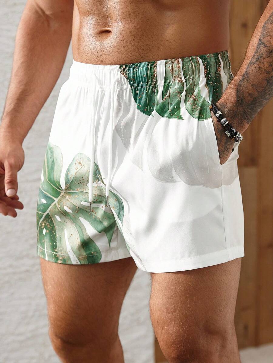 Manfinity KASUA 男式热带植物印花抽绳腰袋沙滩短裤 - 綠色 - 查看 1