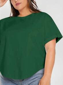 SHEIN BASICS Camiseta casual plus size de cor sólida, gola redonda, manga curta, verão - Verde escuro - Ver 3