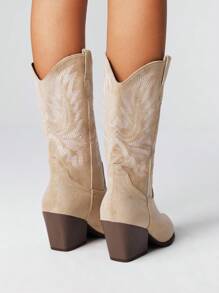 ROMWE Fairycore Damskie buty kowbojskie Retro V-Cut ze szpiczastym noskiem i grubym obcasem, haftowane, wsuwane, modne buty do połowy łydki do użytku na zewnątrz, jesień, Boże Narodzenie i Nowy Rok, święta, walentynki, wiosenne buty