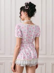 ROMWE Kawaii 女士可爱蝴蝶印花蕾丝边休闲 T 恤 - 粉色 - 查看 3