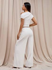 SHEIN PETITE 2pcs Women Set: Oblique Shoulder T-Shirt & Casual Pants - White - View 2