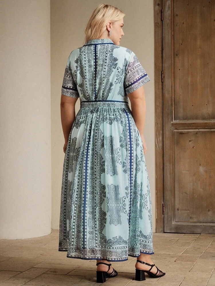 Plus Size Women Summer Floral Print Chiffon Short Sleeve Belted Collared Shirt Dress