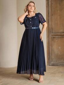 Anewsta Robe de vacances pour femmes grandes tailles élégante, avec patchs en dentelle, manches courtes évasées, plissée en forme A. Printemps/Été - Bleu marine - Voir 3