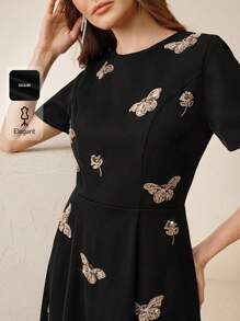 Anewsta Women's Fashion New Short-Sleeve Rhinestone & Sequin Butterfly Elegant Party Dress - Black - View 1