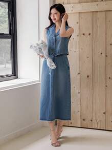 DAZY 女款水洗休闲风翻领背心和牛仔裙套装 - 藍色 - 查看 5