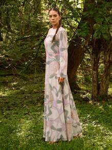 Sunsella Vestito lungo elegante da donna per estate, vacanza, in chiffon, a stampa, aderente, a maniche lunghe, a linea A, per occasioni speciali