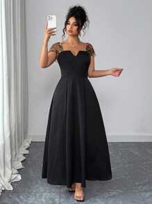 Auvina Women's Summer Jacquard Patchwork Elegant Midi Dress - Black - View 6