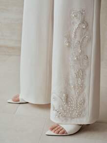 MOTF PREMIUM 2 件套女士优雅撞色亮片仿珍珠细节落肩宽松衬衫和阔腿裤套装