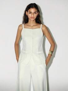 Lumivelle 女士亚麻吊带背心，方领，正面纽扣，弧形下摆，夏季 - 白色 - 查看 4