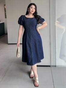 Dazy Plus 深水洗蓝色圆领泡泡袖收腰短款牛仔连衣裙