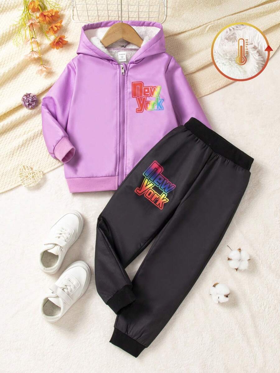 SHEIN Little Girls' Sweet And Cool Rainbow-colored Letter Printed Fleece Hoodie Set - Violet Purple - View 1