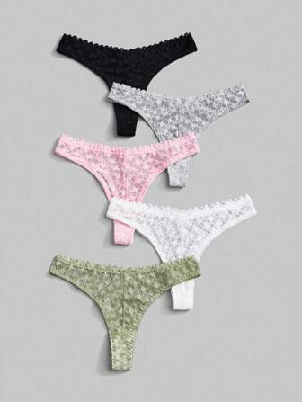5 pares de panti tipo tanga con diseño de encaje cruzado