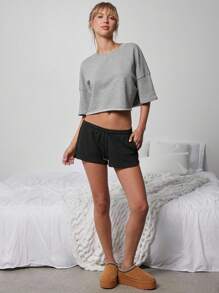 WESTFADE 可爱中腰系带纹理针织休闲短裤 - 黑色 - 查看 11