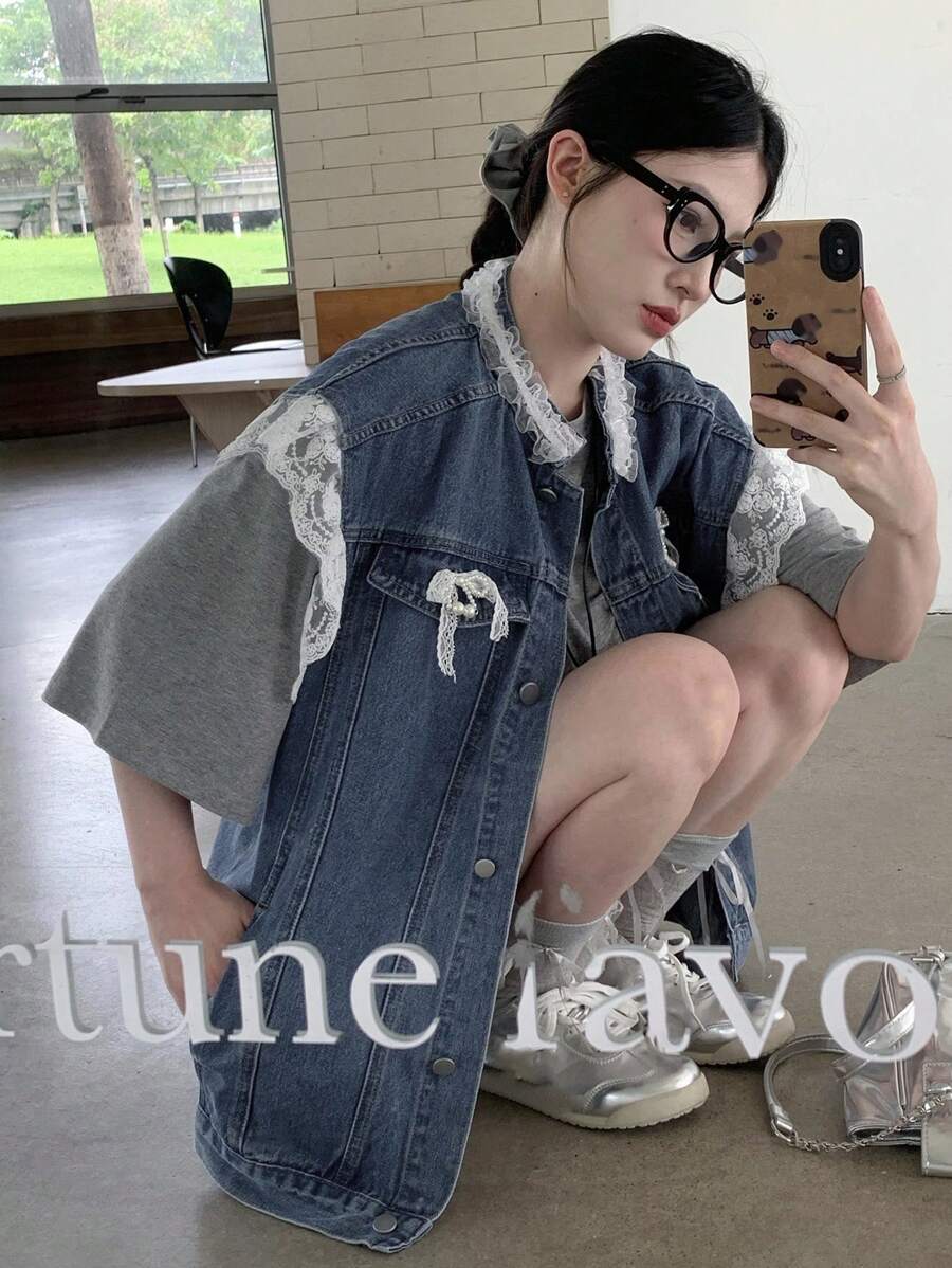 DAZY 水洗蓝色撞色蕾丝袖口荷叶边下摆蝴蝶结饰边无袖牛仔上衣 - 中等水洗藍 - 查看 1