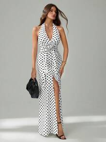 SHEIN Tall 全新优雅厚重手工扭花 3D 花卉装饰性感深 V 领露背收腰美人鱼红色鸡尾酒礼服，适合约会之夜，波尔卡圆点礼服 - 黑與白 - 查看 4