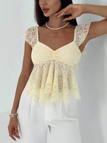 Aloruh Áo cánh ren ngọt ngào cay nồng bất đối xứng viền xếp nếp mới, áo cổ tim tay bồng tôn dáng - Màu be - Xem 7