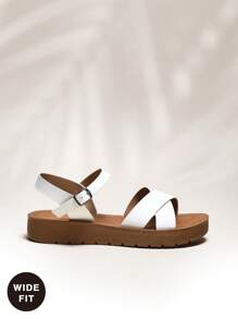 SHUZIA 宽版女式经典圆头可调节搭扣交叉带白色厚底凉鞋 - 记忆海绵，必备，防滑，舒适 - 白色 - 查看 6