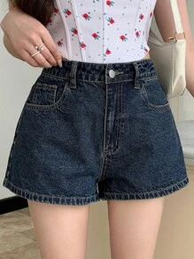 DAZY 女式A字牛仔休闲街头风格性感热裤，夏季 - 深色水洗藍 - 查看 2