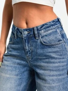 EURMUSE 女式低腰口袋设计宽松休闲百搭牛仔裤 - 中等水洗藍 - 查看 5