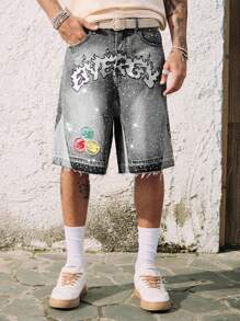 ROMWE MEN Street Life Pantalones cortos de mezclilla para hombre con parches de diamante y color contrastante
