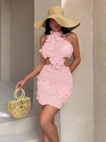 EURMUSE Women Handcrafted Crochet Floral Halter Cover Up Dress Beachwear Good Quality - Baby Pink - View 7