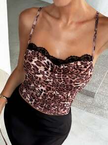 Lavishia Women's Summer Leopard Print Contrast Lace Slim Fit Camisole Top , Summer Clothes - Black - View 7