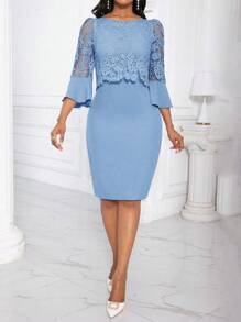 Lunelith SHEIN Lunessa Women Simple Elegant Solid Color Patchwork Lace Bell Sleeve Fitted Midi Dress, For Commute Fall Cloth For Women - Baby Blue - View 6