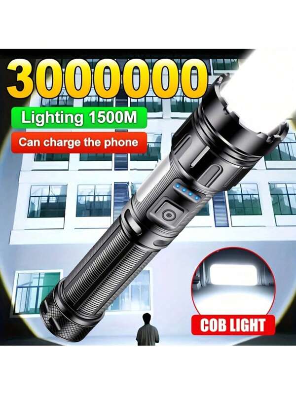 SHEIN 1pc Powerful High Lumens Long Range LED Flashlight With Side Light Type-C Rechargeable Output Power Bank Zoom Linterna Torch Light LED Torch