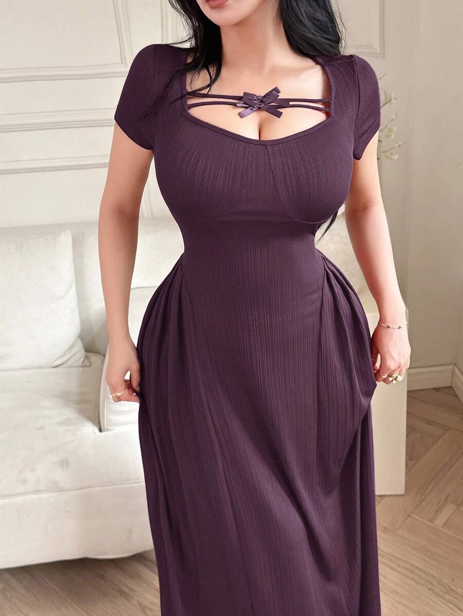 Feyla Women's Summer Elegant Solid Color Bowknot Decor Dress
