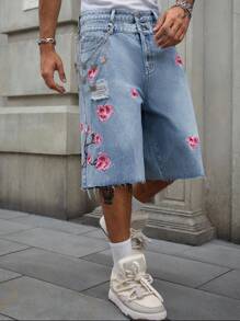 ROMWE MEN Street Life Quần short denim thêu hoa cạp 2 lớp cho nam - Màu xanh lam - Xem 4