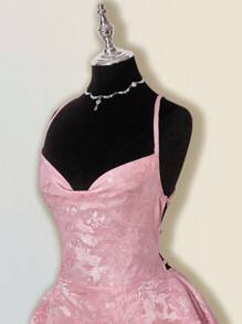 SHEIN ICON 提花面料露背系带迷你连衣裙 - 粉色 - 查看 5