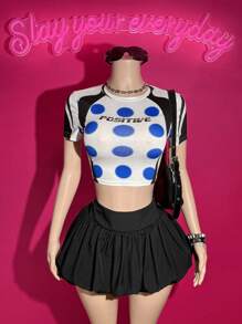 Slaydiva Summer New Casual Street Daily Dating Music Festival Easter College Style Round Neck Short Sleeve Blue Polka Dot Black Splicing Print White T-Shirt + Black Flower Bud Skirt Mini Skirt Mini Skirt Women's Two Pieces Set-A - Multicolor - View 1