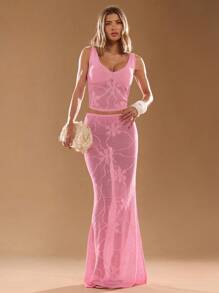 SHEIN BAE Damen gemusterter Cut Out V-Ausschnitt ärmellose kurze Strick-Bluse