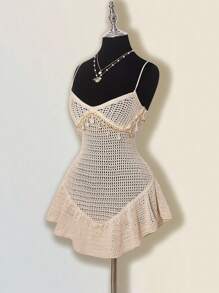 SHEIN ICON 女式夏季镂空钩针贝壳装饰荷叶边下摆吊带裙