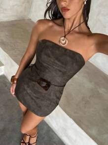 Aloruh Women's New Arrival Boho Vintage Summer Dress Brown Washed PU Leather Strapless Sleeveless Dress With Belt And Resin Decorative Button, Bodycon Mini Dress Summer Dresses For Women Summer Dresses For Women Dresses Dresses For Women Summer Outfits For Women Dresses For Women Summer, Fall Women Clothes