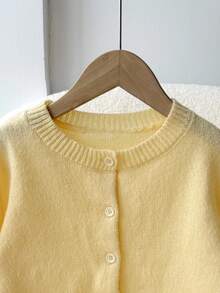 SHEIN Tween Girl Loose Casual Minimalist Comfortable Round Neck Open Front Solid Color Sweater Girl Cardigan Sweater Girls Button Down Cardigan,In Fall/Winter - Yellow - View 4
