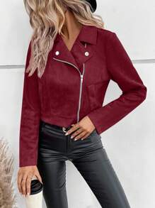 EMERY ROSE Áo khoác nữ dài tay màu trơn, cổ ve áo, khóa kéo, kiểu dáng casual dành cho người đi xe máy, thích hợp cho mùa thu đông. - Màu Đỏ Sâu - Xem 7