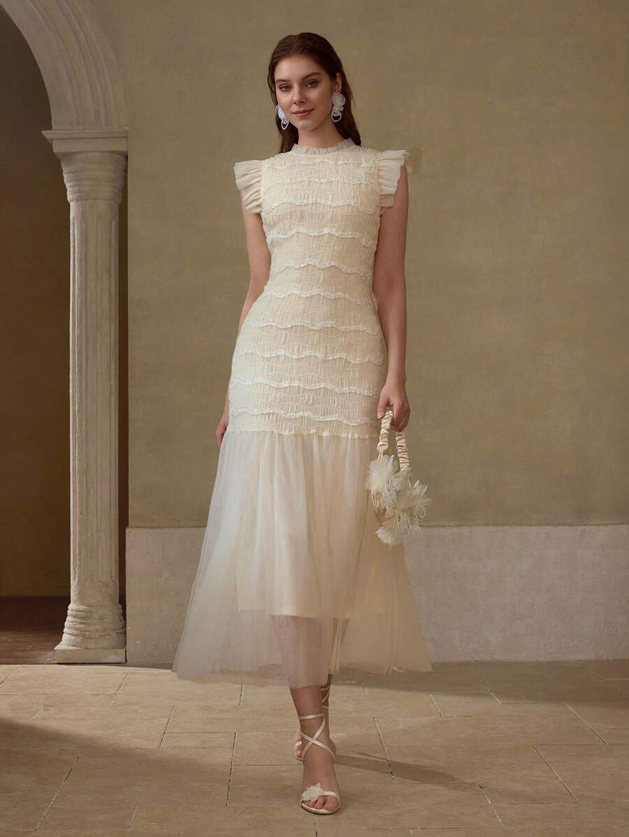 MOTF PREMIUM RUCHED FABRIC CONTRAST MESH ROMANTIC LONG DRESS, SUITABLE FOR VACATION - Apricot - View 1