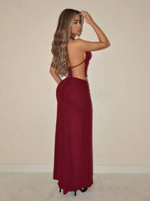 SHEIN ICON 2 件套女士优雅复古性感露背 V 领金属扣装饰背心和超长扭结腰裙套装，适合约会和度假