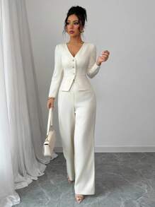 Elenzga Women's Elegant Long Sleeve Blazer And Pants Suit Set, Business/Commuter Style, Suitable For Summer, Independence Day, Graduation, Back To School Fall Cloth For Women