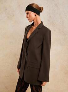 COSMINA Fall/Winter Women Solid Color Lapel Long Sleeve Single Breasted Casual Blazer - Coffee Brown - View 5