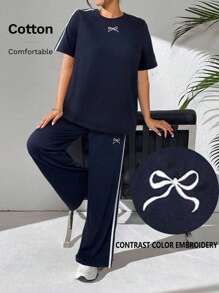 Seusyu Bộ 2 áo cánh tay ngắn in nơ và sọc cho nữ và quần dài - Màu xanh lam - Xem 1