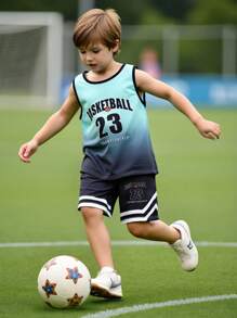 SHEIN 2件套青少年男童运动休闲美式字母印花针织套装 - 淺藍色 - 查看 7