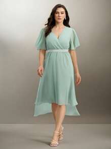 SHEIN Clasi Plus Size Elegant Women Chiffon Patchwork Lace Trim Waist Flattering Ruffle Sleeve Midi Dress - Green - View 5