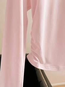 INAWLY 休闲蝴蝶结印花圆领褶饰长袖 T 恤 - 淺粉色 - 查看 5