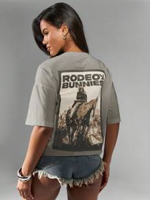 Missguided x Playboy Western Sheriff Rodeo Graphic T Shirt Oversized Distressed Vintage Print Festival Ranch Concert Casual Country Music - Grey - View 1