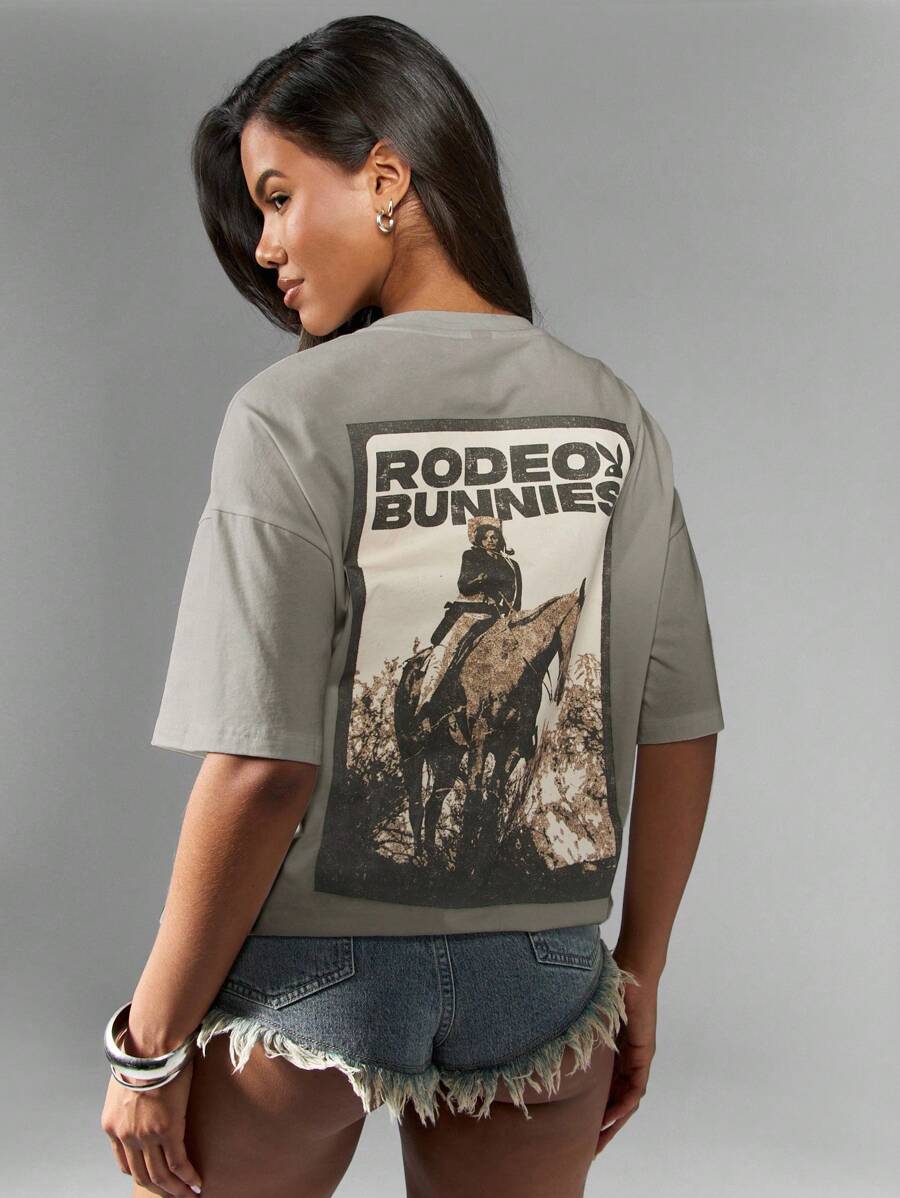 Missguided x Playboy Western Sheriff Rodeo Graphic T Shirt Oversized Distressed Vintage Print Festival Ranch Concert Casual Country Music - Grey - View 1